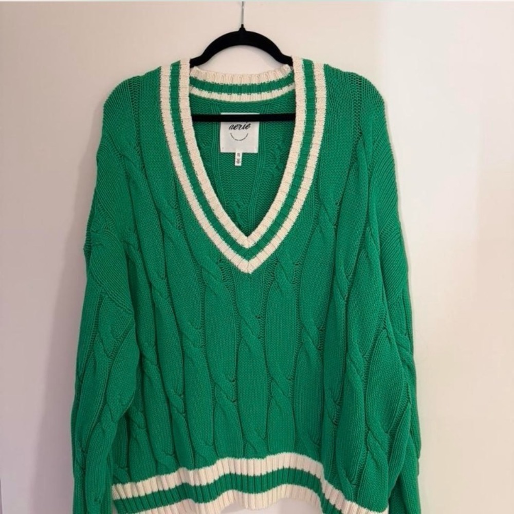aerie Green V-Neck Cable Knit Sweater with White Trim